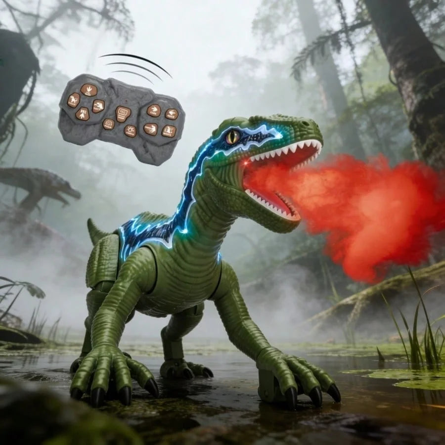 Children's Day Best Gift RC Dinosaur Toy for Kids, 2.4GHz Velociraptor with Spray Mist, LED Lights, Roaring Sound, Walking Dancing Robot Gift 3+